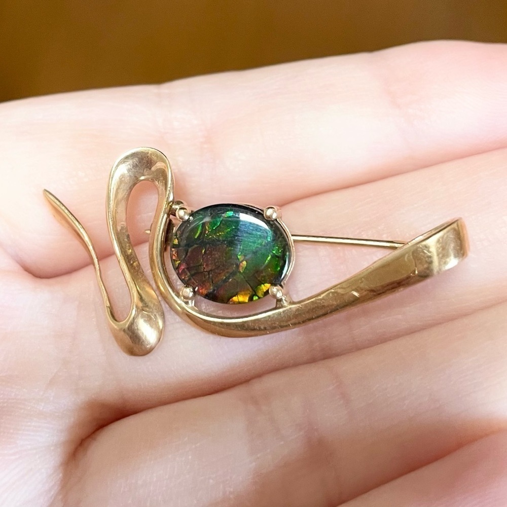 14K AA Korite Ammolite dragon skin triplet vintage yellow gold filigree …​ - Picture 4 of 11